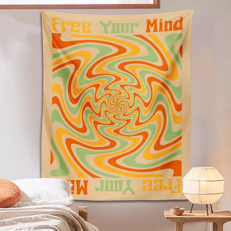 Vintage Tapestry Free Your Mind Retro Wall Hanging Retro Psychedelic Hippie Bohemian 70s Decor Mindful Quote INS Home Decor