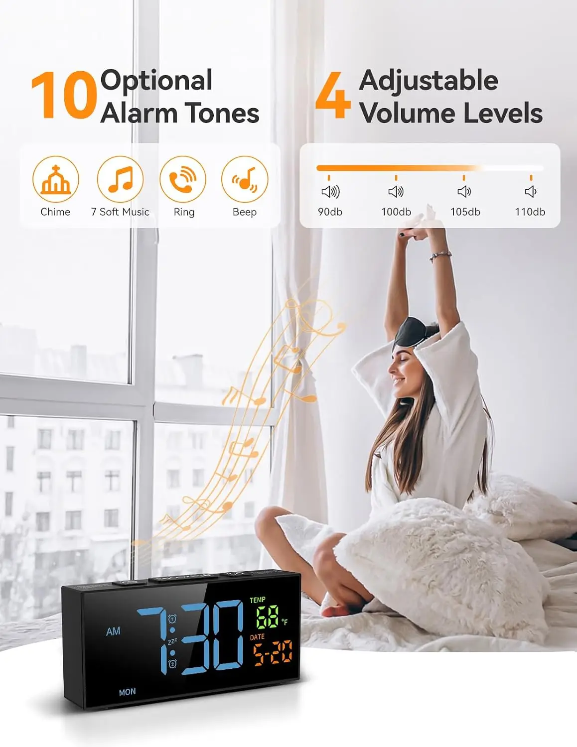 Alarm Clocks for Bedrooms, Digital Clock with Date Temperature and Weekday, Manual DST, Snooze, 2 Alarms, 4 Volumes, Customized