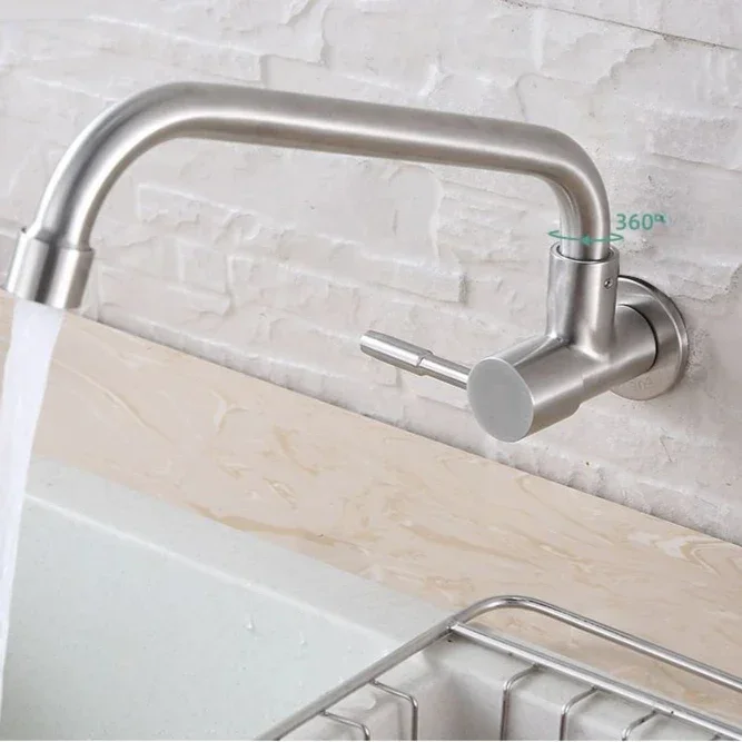 Wall Mounted Kitchen Faucet Stainless Steel Single Cold Water Tap Splash Proof Bathroom Faucets Single Handle WashBasin Faucets