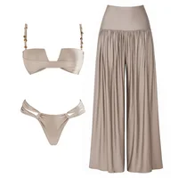 Bandeau 3 Pieces Bikini 2025 Sexy Women Swimsuit Swimwear Female Dress Cover Up Bikini Set Beachwear Bathing Suit Swimming Suit