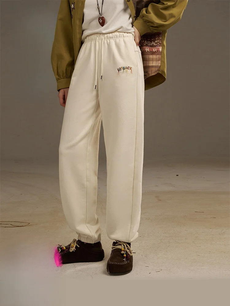 

Casual Elastic Waist Cotton Fce Lined Embroidered Letter Sweatpants Women's Loose Fit Comfortable Autumn Sport Pants