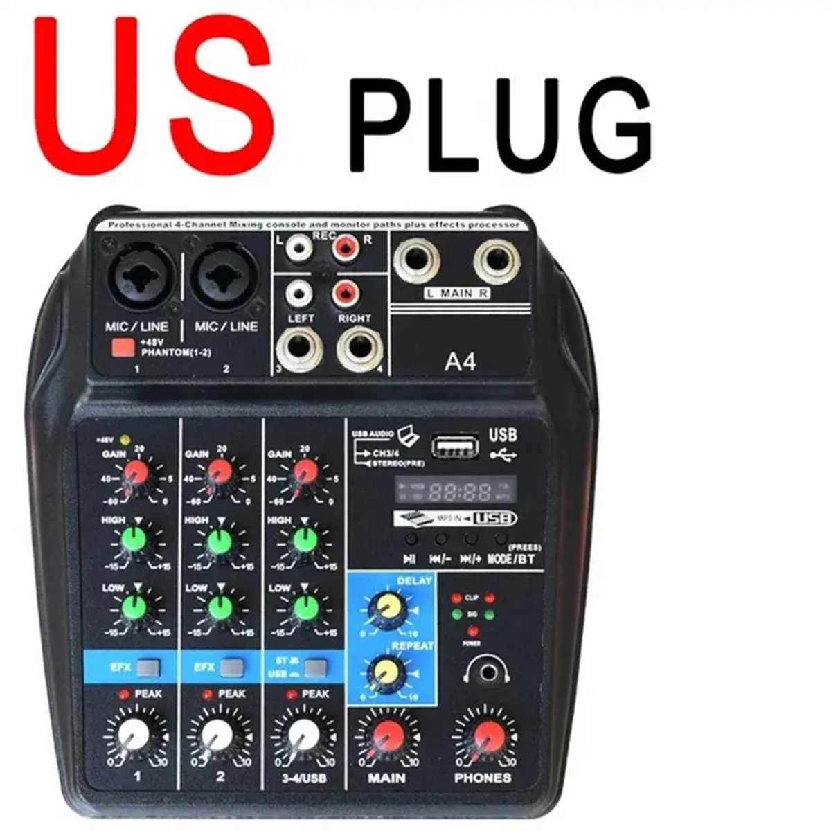 AT52 Professional 4 Channel Digital Mixer Sound Card Microphone Mobile Phone Live Broadcast Recording DJ Audio Equipment(US)