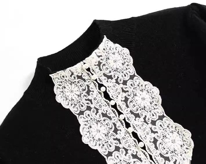 Autumn and Winter Semi High Neck New Hollow Bottom Knitted Sweater Nail Beads Bubble Splicing Lace Pullover Long Sleeved Top