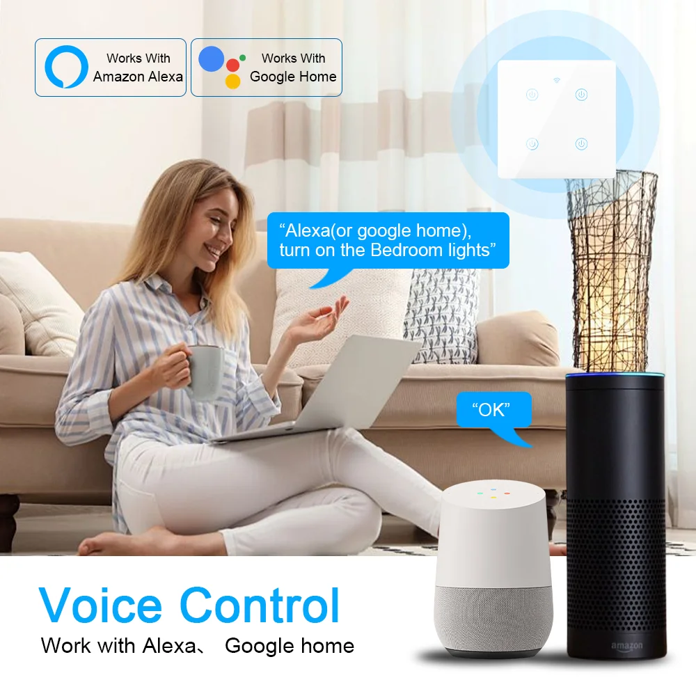 WiFi Smart Switch 4*4 No Neutral 4/6 Gang Touch Light Wall Switch Remote Control Compatible with Alexa Google Home for Household