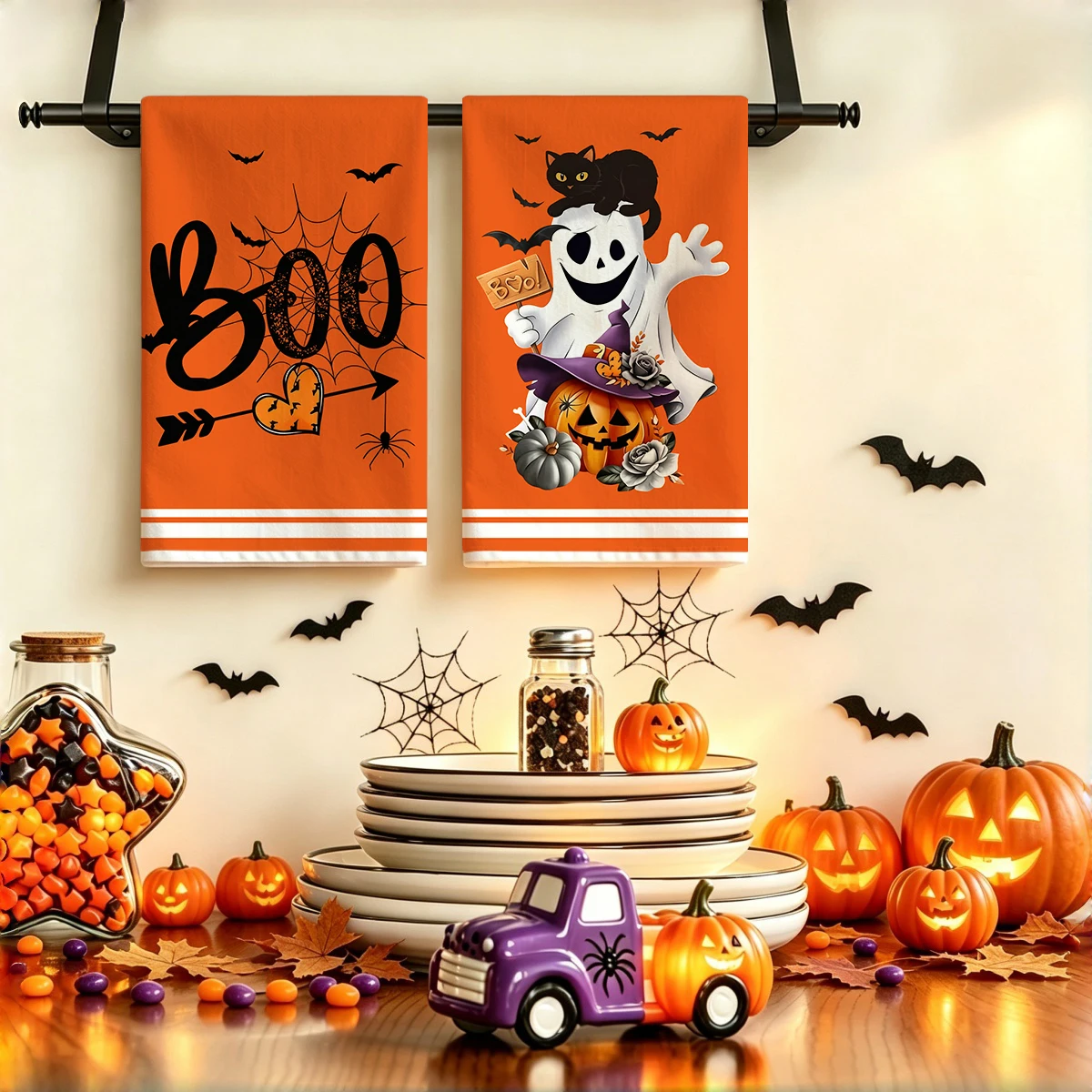 2pcs retro Halloween ghost, black cat, pumpkin, witch hat, bat pattern kitchen towel set, home kitchen decoration handkerchief,