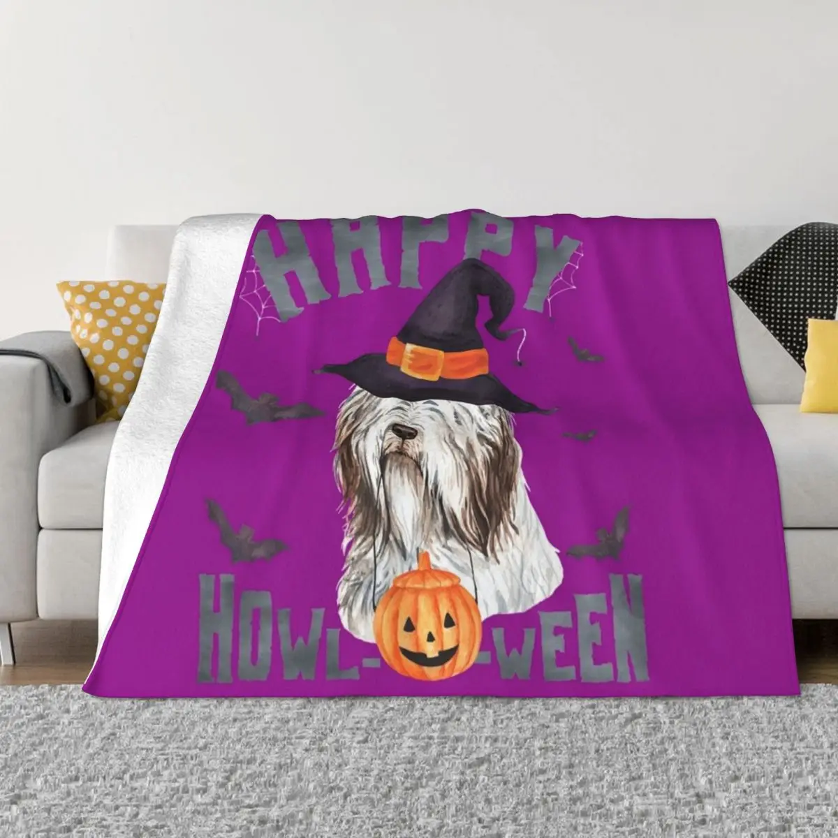 Happy Howloween Bearded Collie Dog Pun Halloween Costume \t \t Throw Blanket Sofas Beautiful Blankets Multi-Purpose