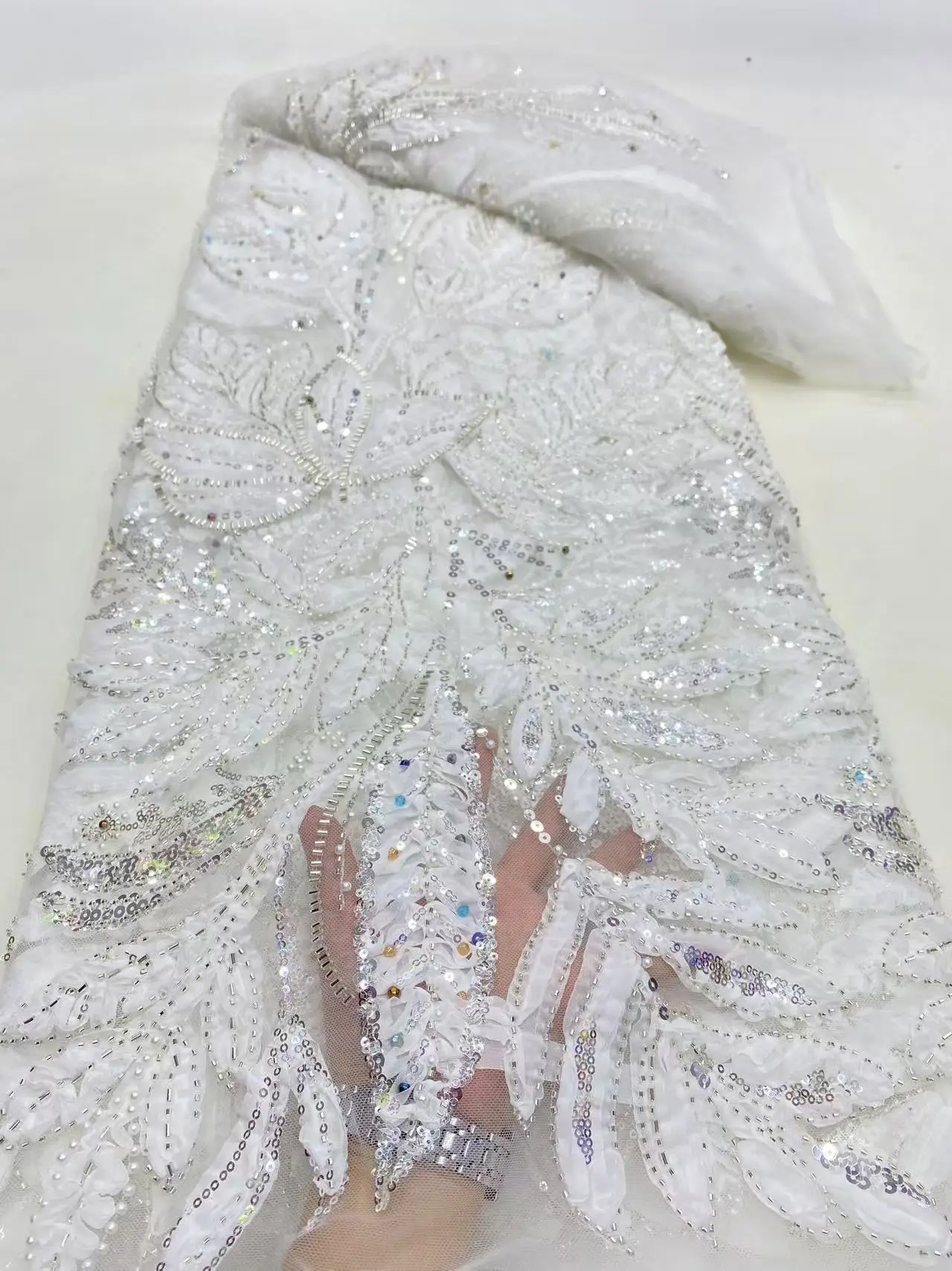

African Sequins Beaded Lace Fabrics High Quality Embroidery French Nigerian Lace Fabric For Wedding Sewing Material