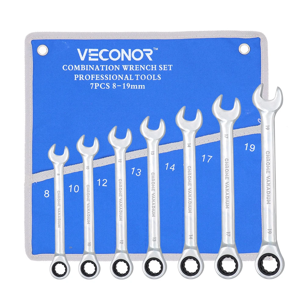 7Pcs Keys Ratchet Wrench Set Hand Tool Matte Finish with Roll-up Storage Pouch