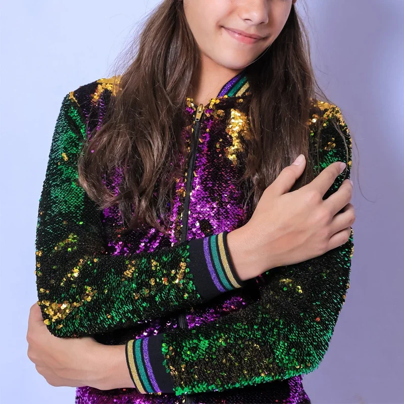 Ruffkids Mardi Gras Mommy And Me Matching Girls Women Outerwear Spring Fashion Long Sleeve Tops Zipper Coats Kids Sequin Jacket