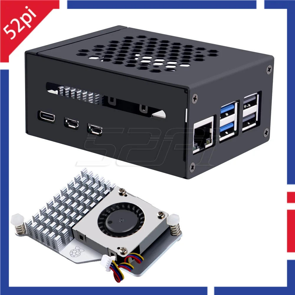 

52Pi Raspberry Pi 5 Metal Case with Offical Active Cooler Fan Support PCle M.2 NVMe Shield Top X1001/X1000/N04/N05