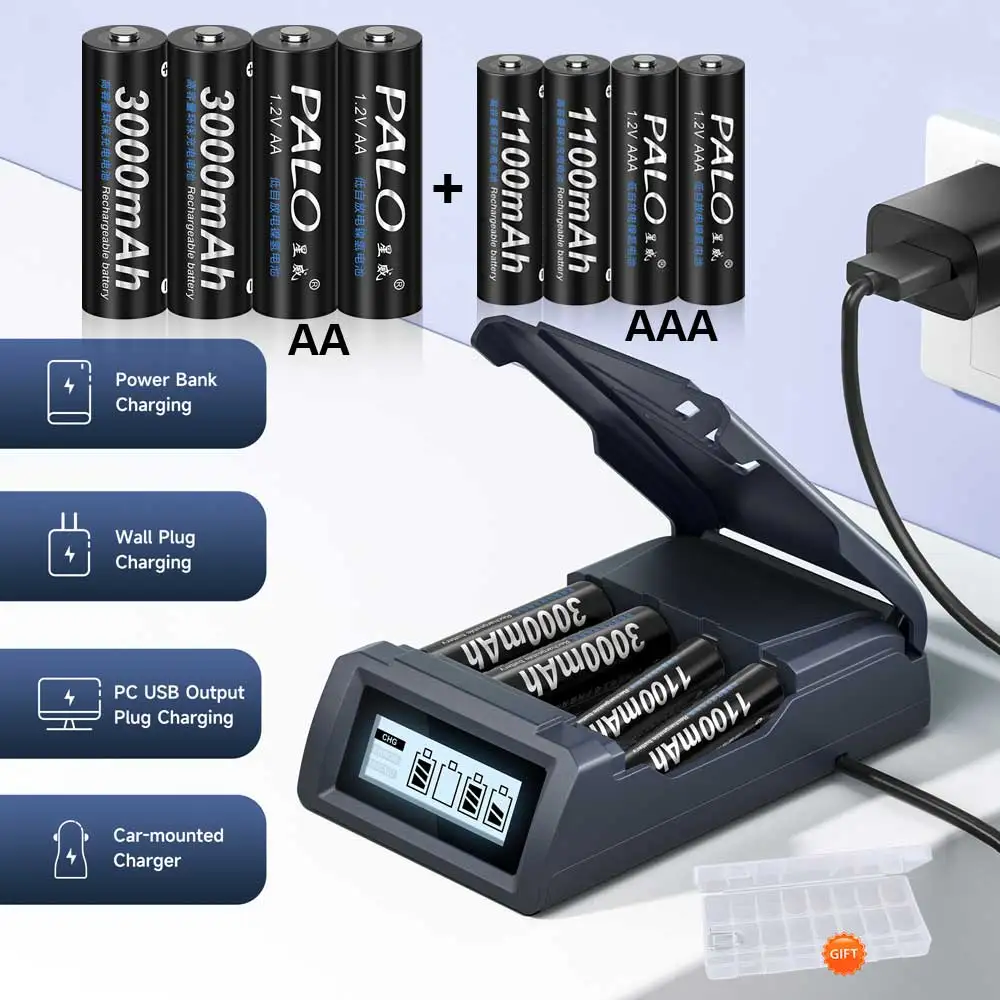 Akumulatory PALO 1.2V AA 3000mAh + 1.2V 1100mAh AAA bateria Ni-MH AA + akumulator AAA LR3 LR6 do zabawki