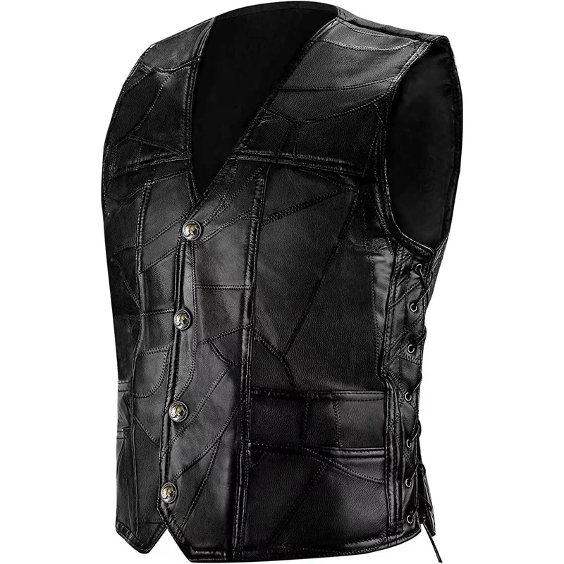 Men's Fashion Leather Biker Vests Faux Leather Motorcycle Rider Waistcoat Sleeveless Windproof Jakcet For Male V Neck