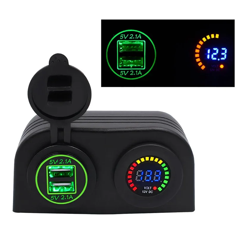 4.2A Dual USB Car Charger Colorful Voltmeter Display With 2 Holes Waterproof Tent Base Adapter For Car Motorcycle Marine Boat