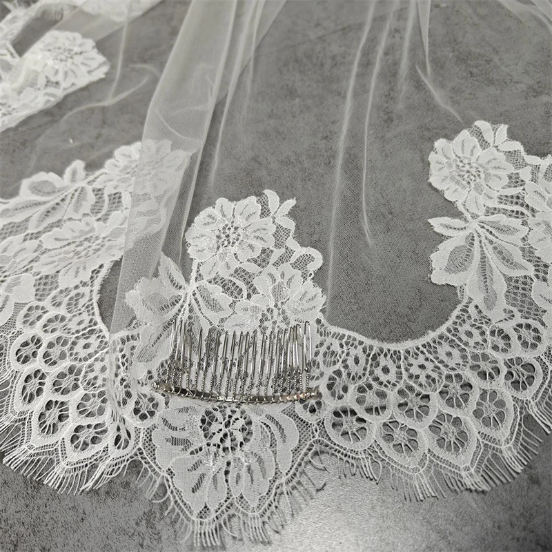 Customized Mantilla Veil with Eyelash Lace, 2m/2.5m/3m Single Tier Wedding Veil, Elegant Lace Ivory Bridal Veil with Hidden Comb
