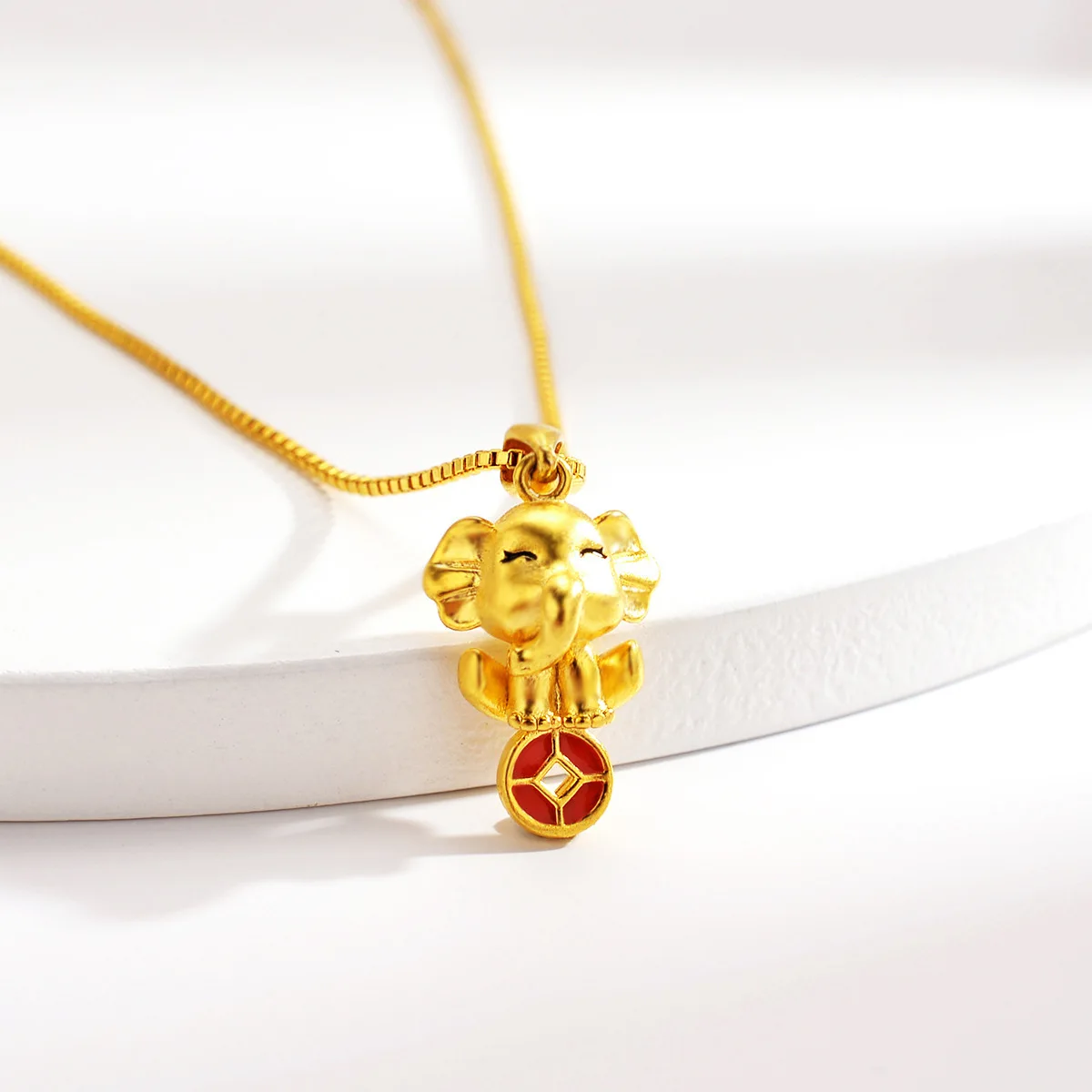 AU999 24K pure gold women lucky elephant copper coin pendant necklace,peaceful lucky talisman jewelry for women holiday presents
