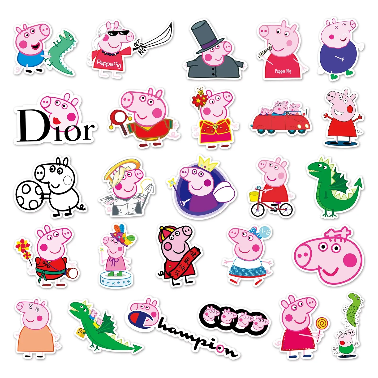 52pcs Peppa Pig Sticker Children's Cartoon Doodle Sticker Pen Box Water Bottle Refrigerator Bag Wall Decoration Gifts