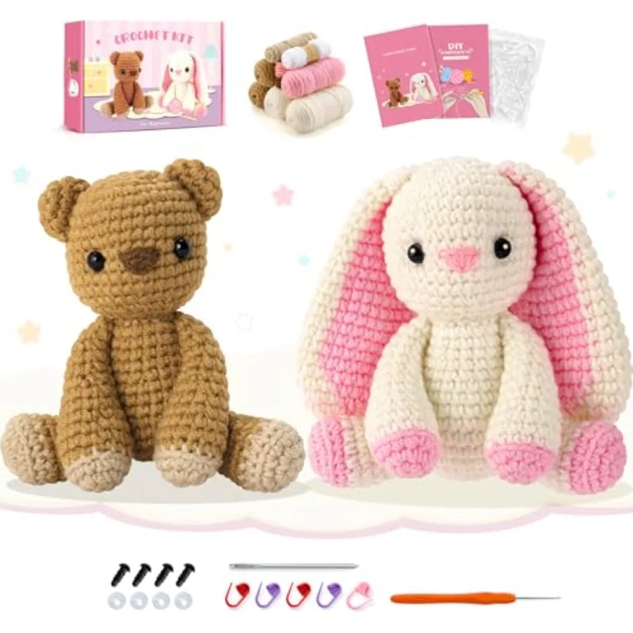 

Easter Crochet Kit for Beginners Bunny and Bear Crochet Kit with Step-by-Step Video Tutorials Crocheting Kit for Starter Beginn