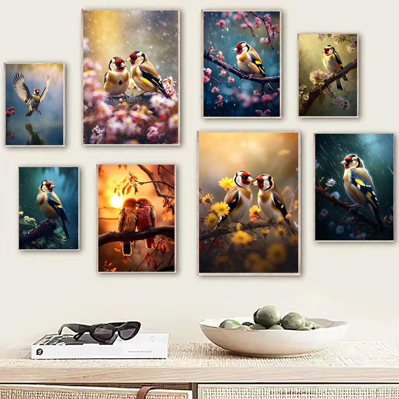 Beautiful Birds Animal Goldfinch Couple with Flower Posters Prints Canvas Painting Wall Art Picture for Living Room Home Deco