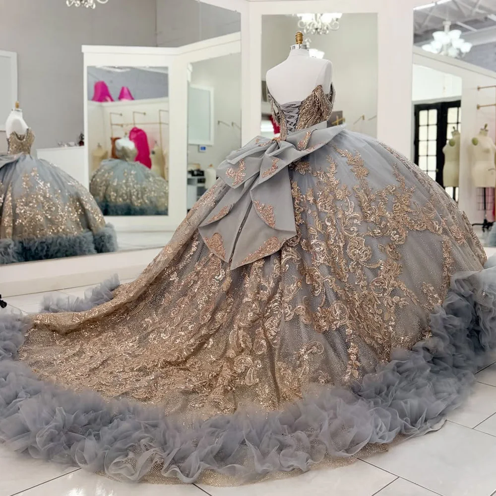 

Gray Quinceanera Dresses Ball Gown Off Shoulder Applique Flower Beading Crystals Party Birthday Sweet 16 Dress Customize