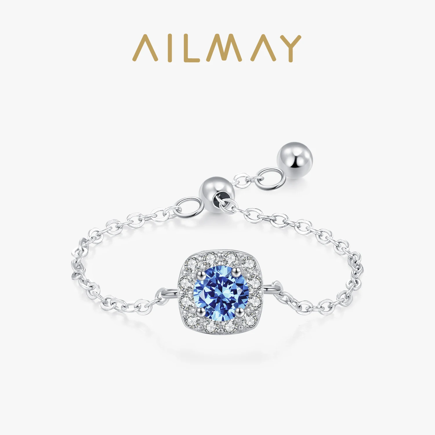 Ailmay 925 Sterling Silver Square Blue Zircon Chain Adjustable Ring Fashion Charm Birthday Fine Jewelry For Women Gift