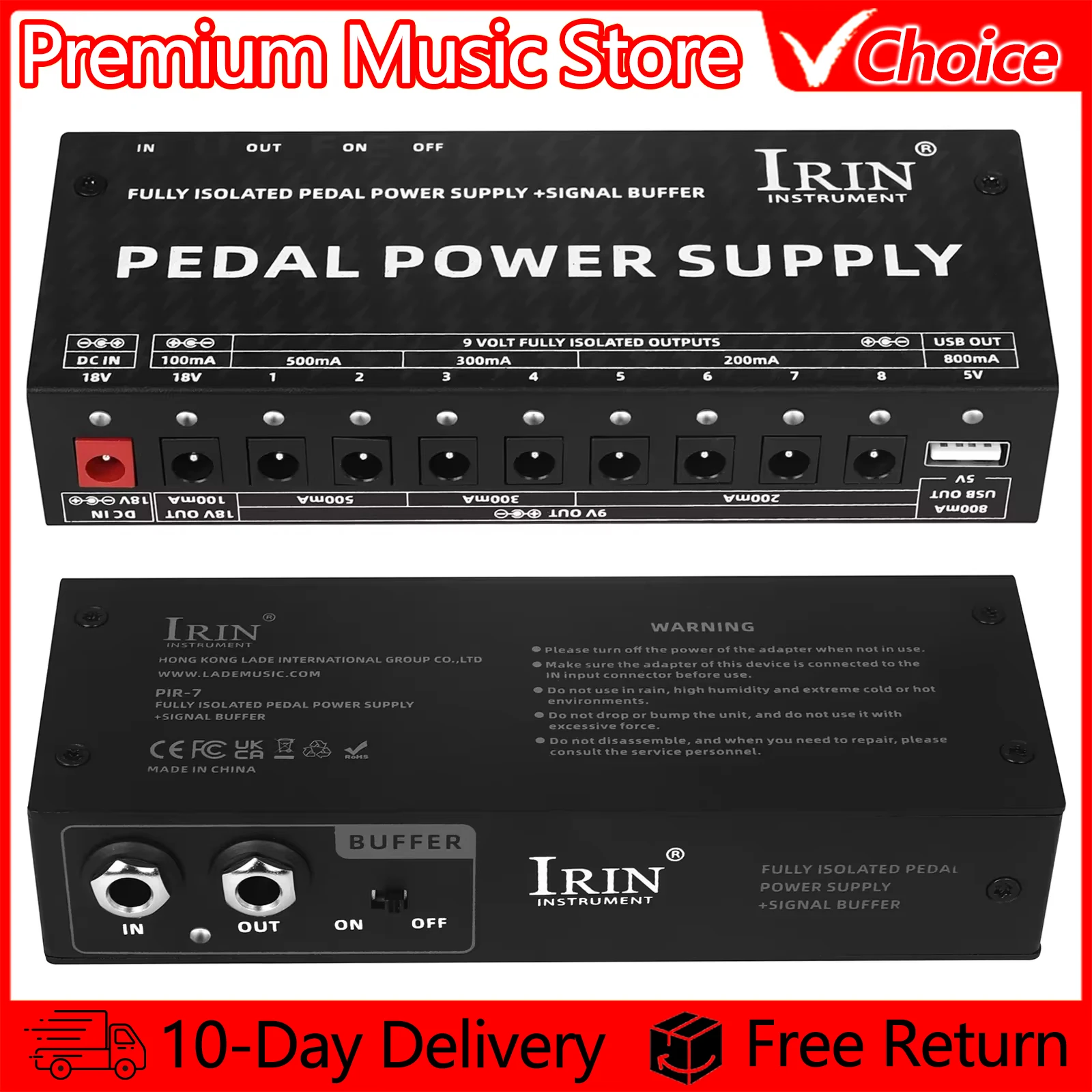 IRIN Guitar Pedal Power Supply PW-2 Electric Guitar Effect Pedal Power Supply 10 Isolated Output Anti-interference 9V Output