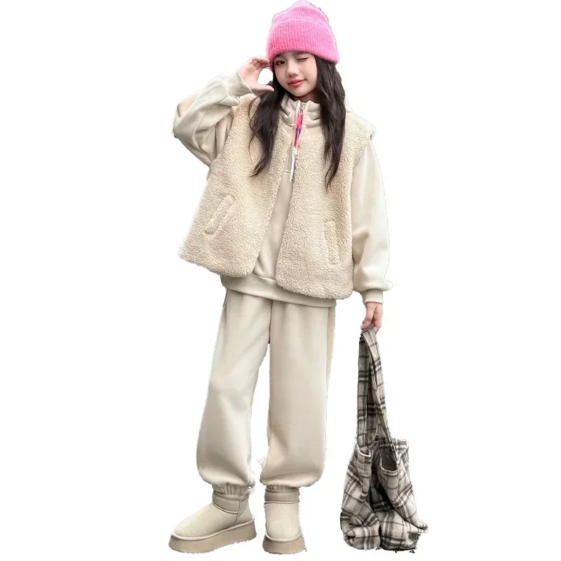 Girls Clothes Set Winter Fleece Thick Warm Vest Hoodies Sweatpants 3pcs Teen Kids Outfits Casual Sport School Children Costumes