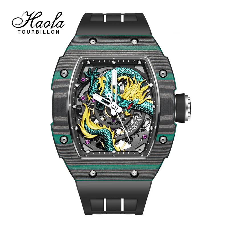 Haofa 3D Dragon Automatic Watch for Men NTPT Sapphire Mechanical Mens Watch Luxury Carbon Fiber Luminous Causal Wristwatch 1968N