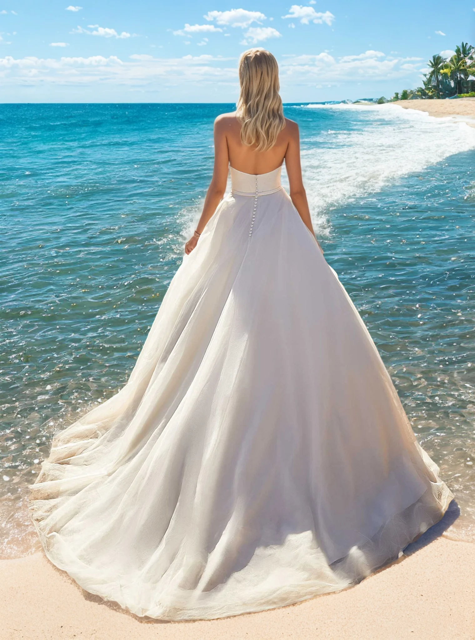 Элегантное свадебное платье трапециевидной формы для помолвки без бретелек, без рукавов, атласное со шлейфом, сексуальное современное пляжное свадебное платье 2025, бесплатно по индивидуальному заказу