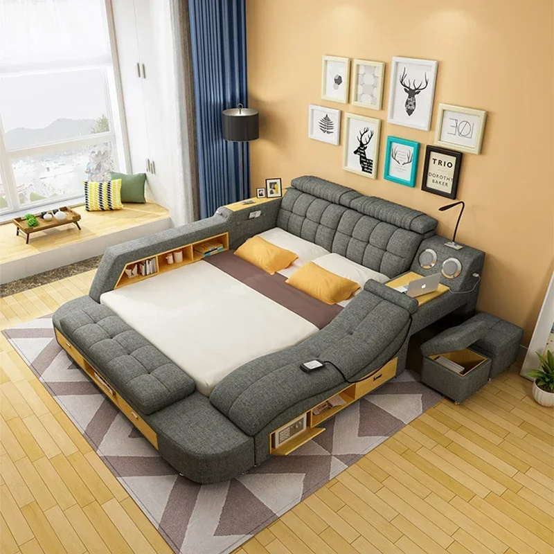 Modern Luxurious Multi-functional Smart Leather Bed With Massage Drawer Safe Double King Size Bunk Bed