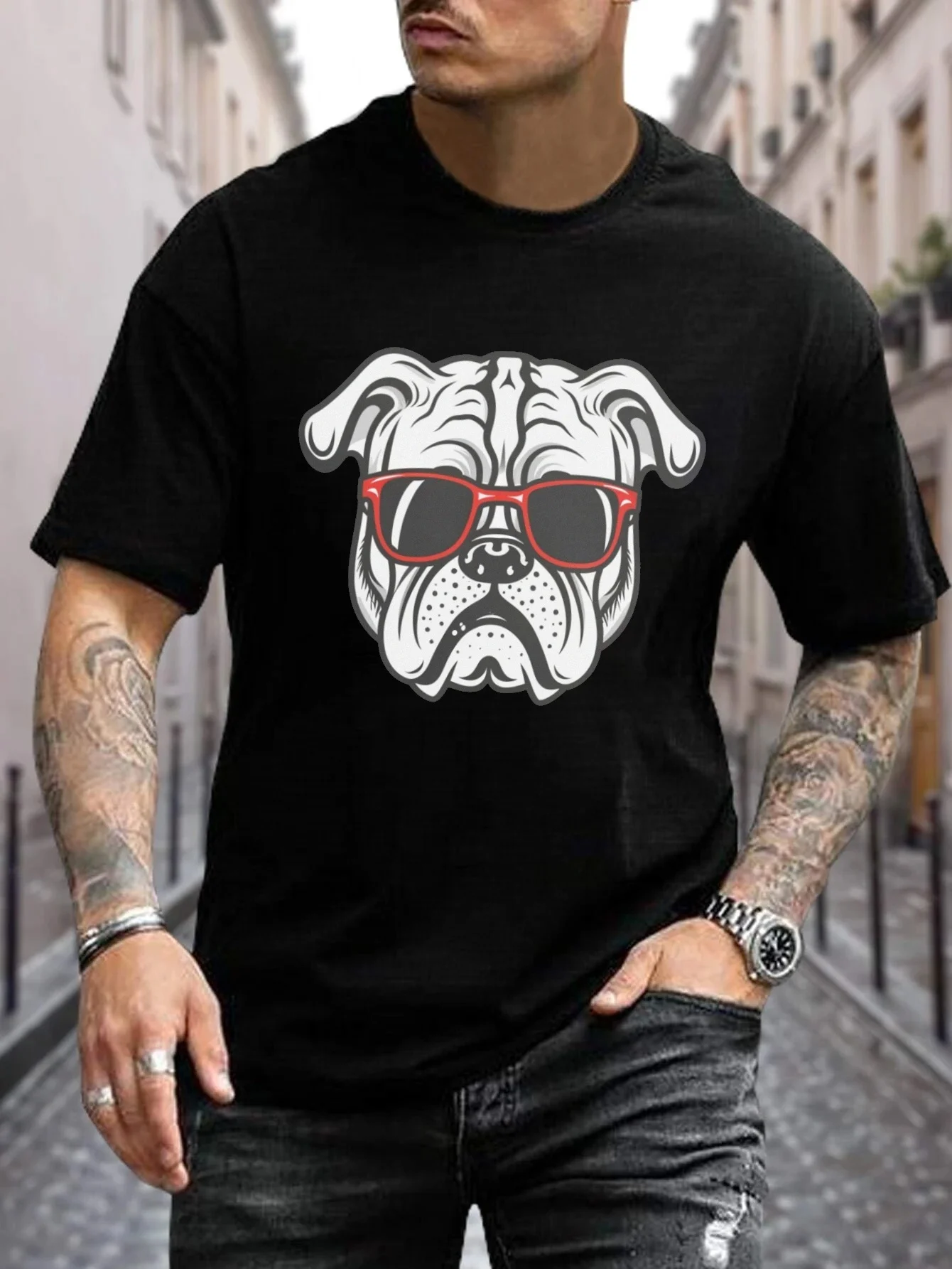 'Bulldog With Sunglasses' Print Men's Casual Stretch Crew Neck Short Sleeve T-Shirt, Loose Summer Top, Men's Clothing.