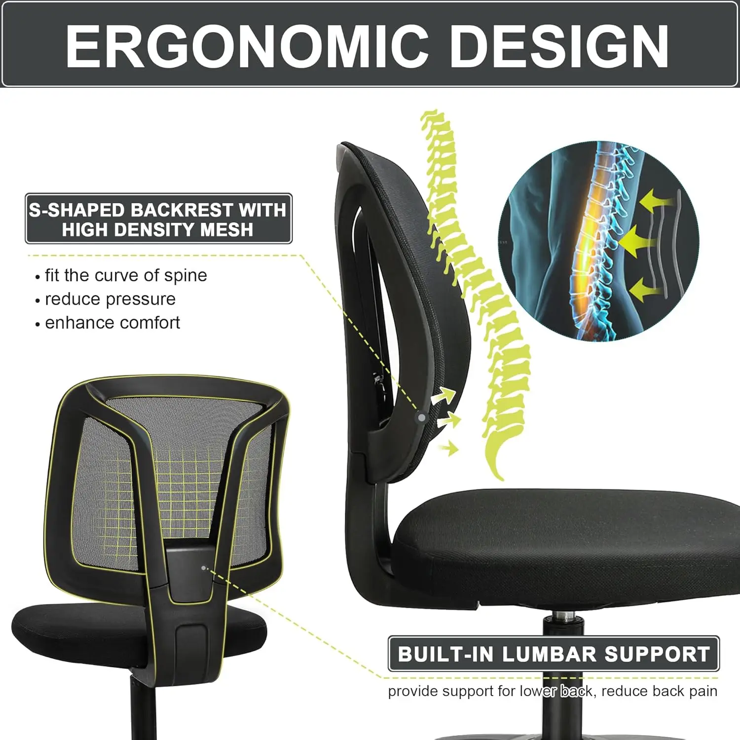 

Adjustable Ergonomic Office Desk Home Computer Task Chair With Rolling Wheels Back Support For Adult Student