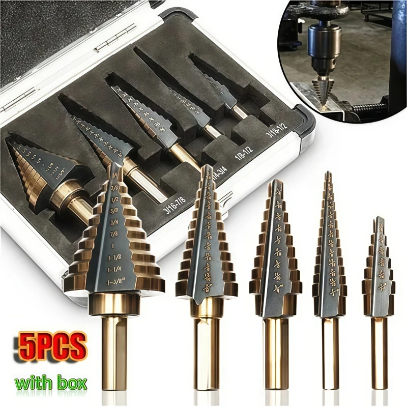 

5PCS HSS Cobalt Step Drill Bit Set Multiple Hole 50 Sizes with Aluminum Case for DIY And Home Improvement