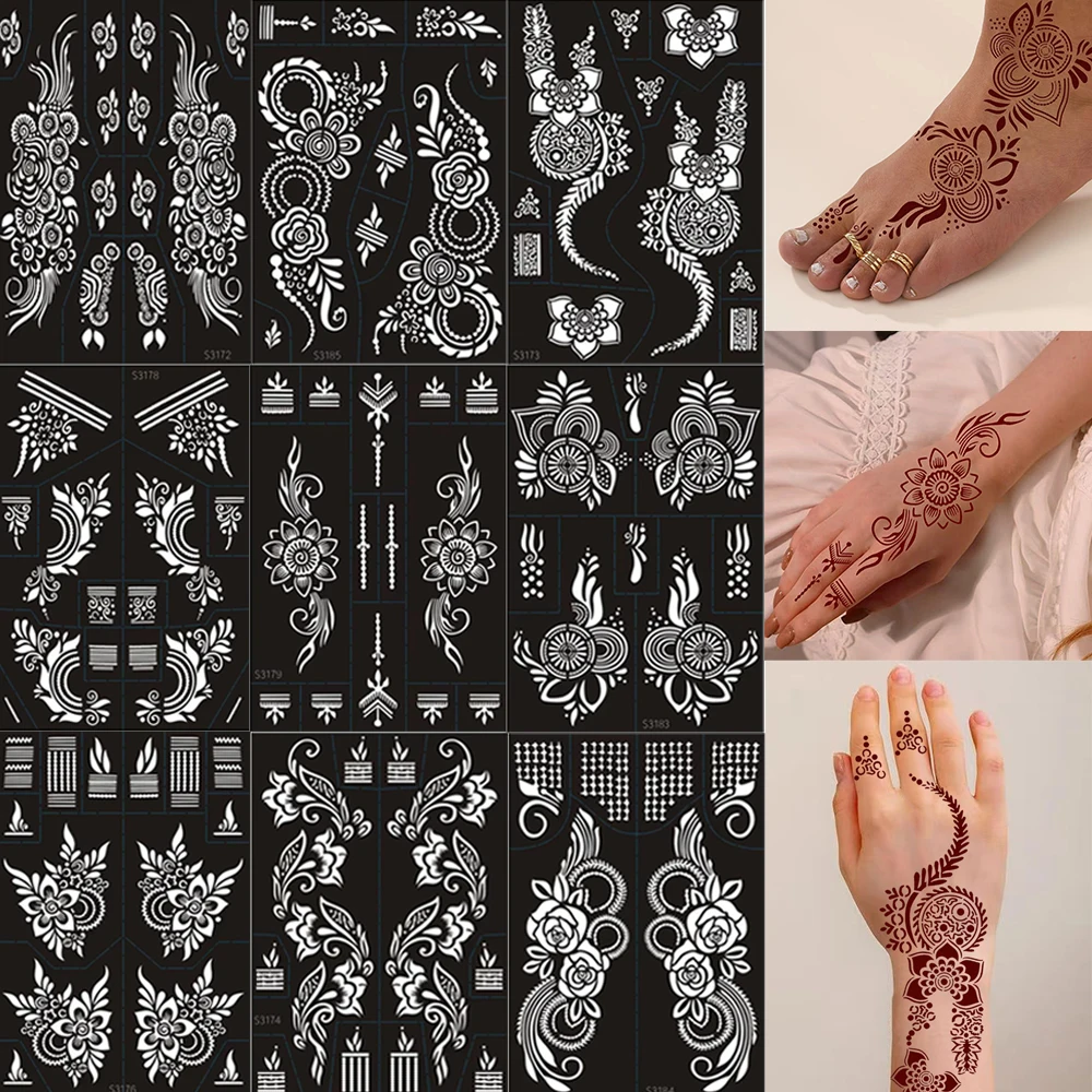Hollow Henna Tattoo Stencil For Women Reusable Flower Pattern TattooTemplate for Hand Foot Body Art Henna Painting Tattoo Tools