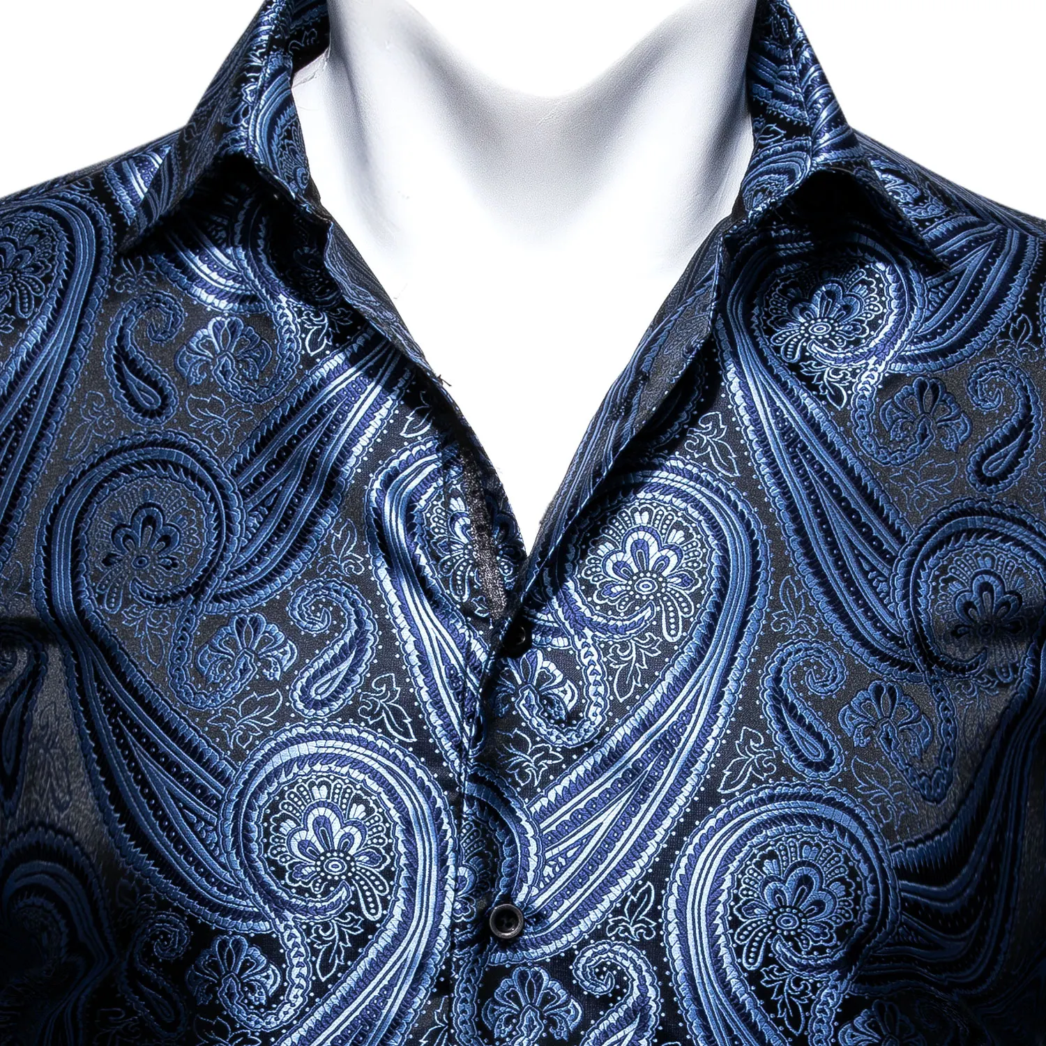 Designer Blue Silk Paisley Shirts for Men Lapel Woven Long Sleeve Embroidered Four Seasons Exquisite Fit Party Wedding CY-0402