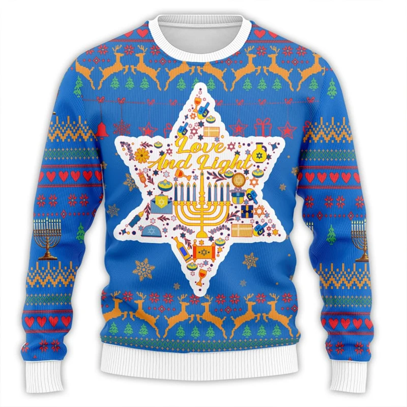 SHanukkah Menorah 3D Printed Ugly Christmas Sweater for Unisex Clothes Chanukah Mens Sweatshirt Holiday Pullovers Boy Tracksuit