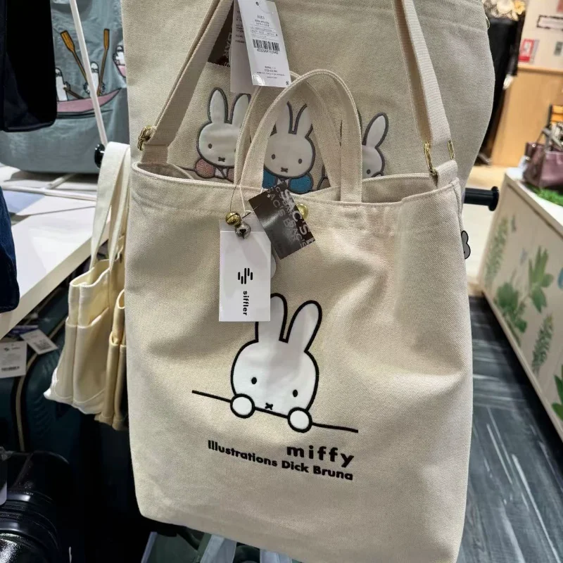 Kawaii Anime Miffy Canvas Bag Large Capacity One-shoulder Zipper Tote Bag Cute Student Travel Portable Schoolbag Christmas Gifts