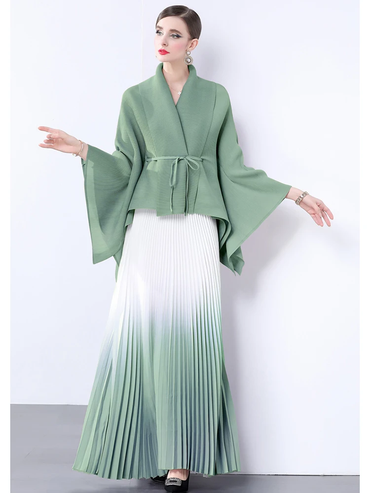 ZJYT Elegant Batwing Sleeve Top and Long Pleated Skirt 2 Piece Matching Sets 2025 Spring New Fashion Party Holiday Outfit Blue