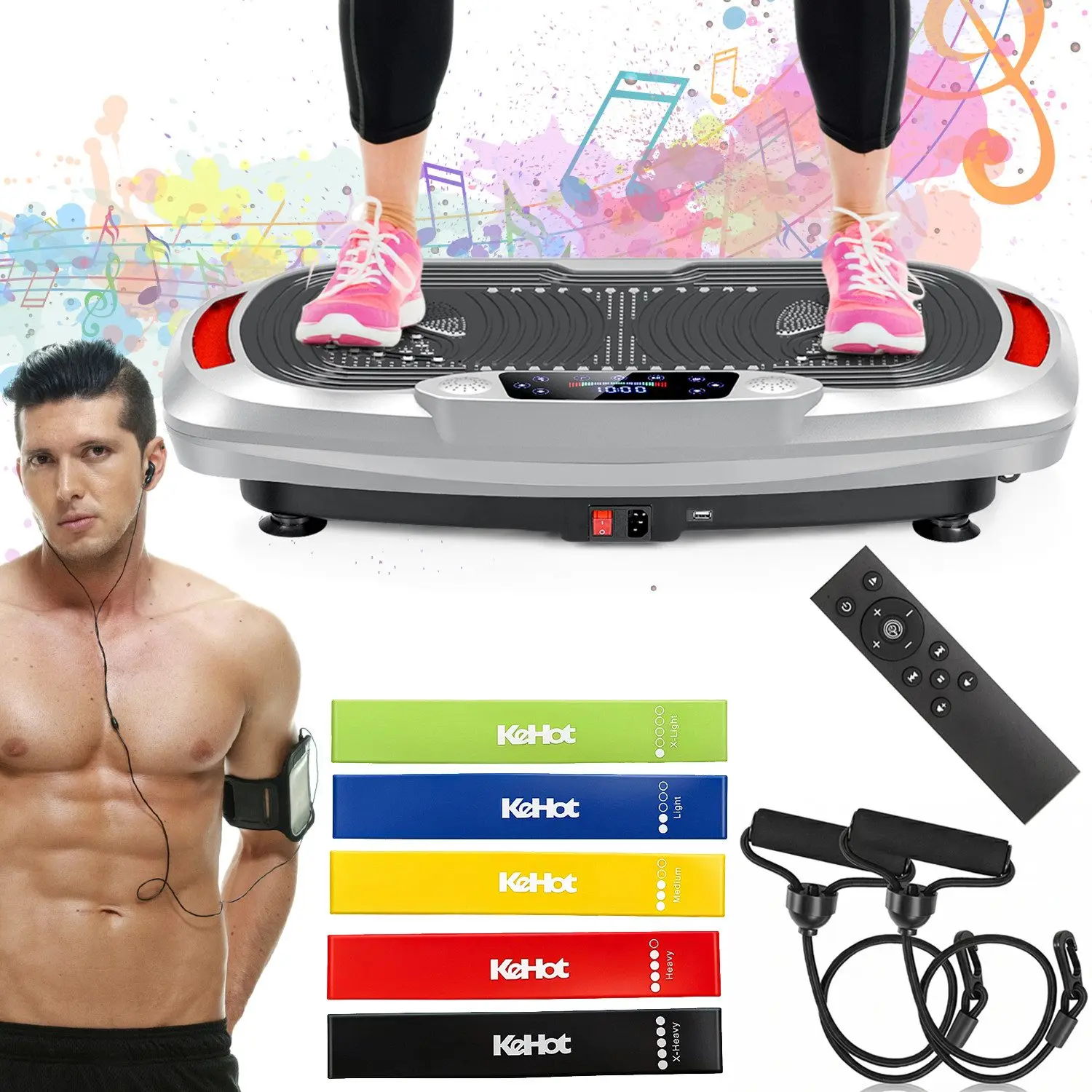 Image of 4D Vibrationsplatte mit 3 Motoren 300W Ganzkörper Trainingsgerät für Zuhause 120 Intensitätsstufen 5 Programme Bluetooth Musik LCD Display mit Trainingsbändern Fernbedienung