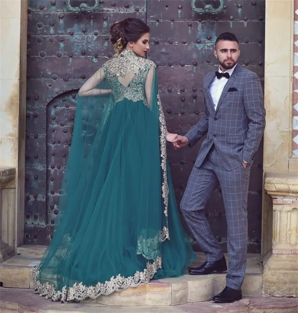 Gaun malam Muslim Arab Formal panjang sederhana applique renda sampanye Teal Tulle gaun pesta Prom dibuat sesuai pesanan