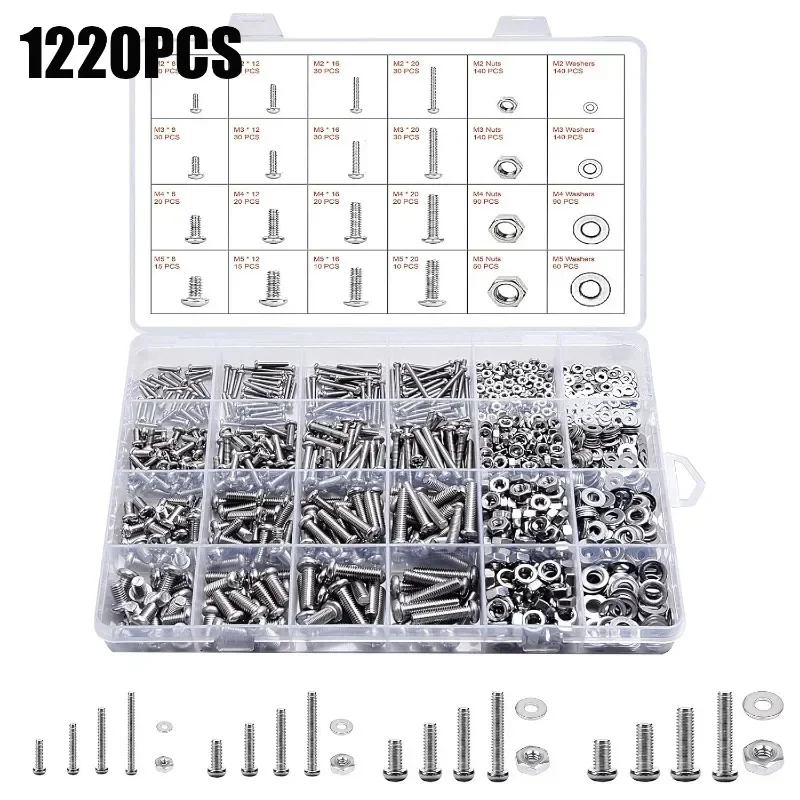 

1220PCS 304 Stainless Steel Screws Set Phillips Pan Head Screw Bolt and Nut Flat Washers Machine Screws Assortment Kit M2/3/4/5