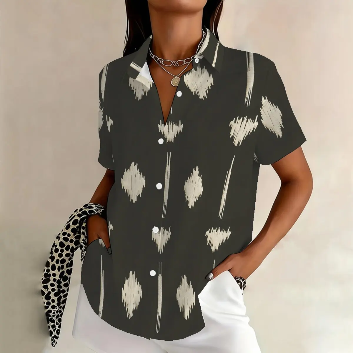 

Summer women's plus-size short-sleeve shirt, minimalist and high-end geometric pattern, suitable for workplace commuting