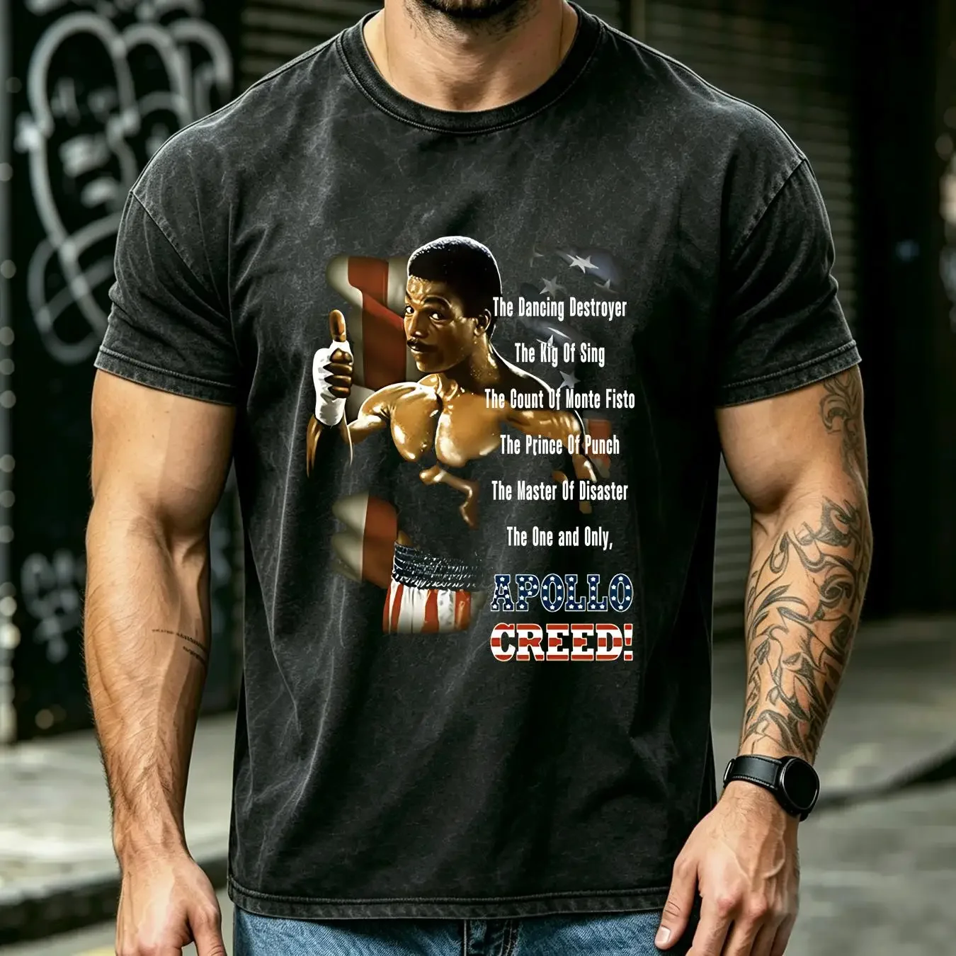 washed T Shirt Apollo Creed Black 2011 size L vintage Washed Soft fashion Unisex Versatile Top For Everyday Wear Comfortable