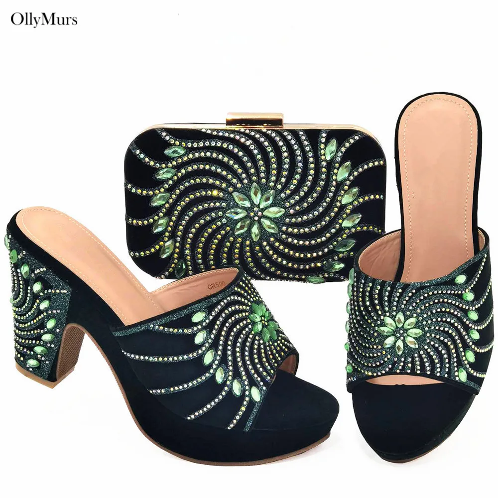 Mais novo verão cor verde feminino chinelo sapatos e saco conjunto para festa à noite sapatos de salto alto senhoras elegantes e conjunto saco