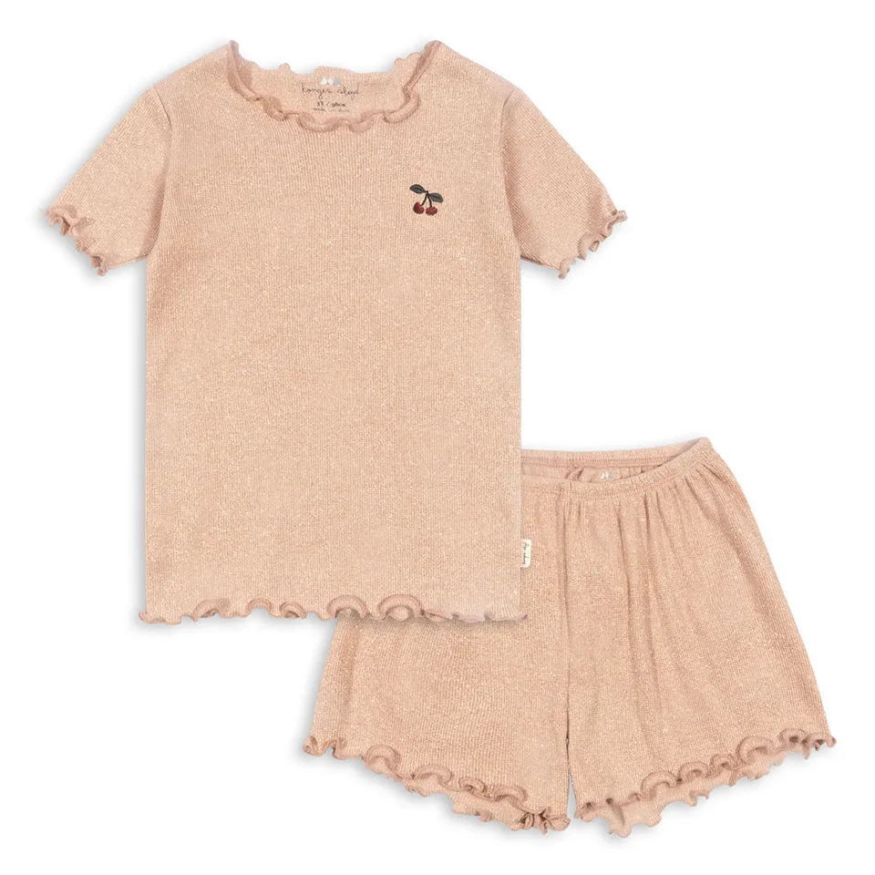 

‌KS Girls' Summer Embroidered Dress Set: Cherry & Daisy Lace-Trim Camisole Dress