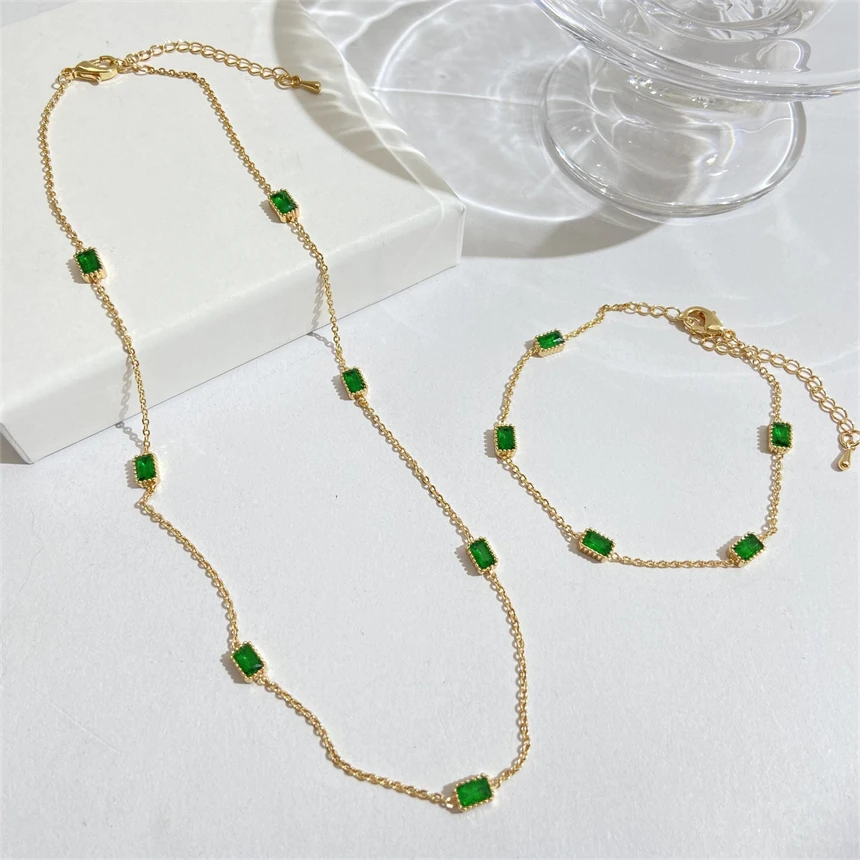 316L Stainless Steel Inlay Green Square Shape Zircon Fine Chain Necklaces Bracelets Fashion High Jewelry Party Gift SAN980