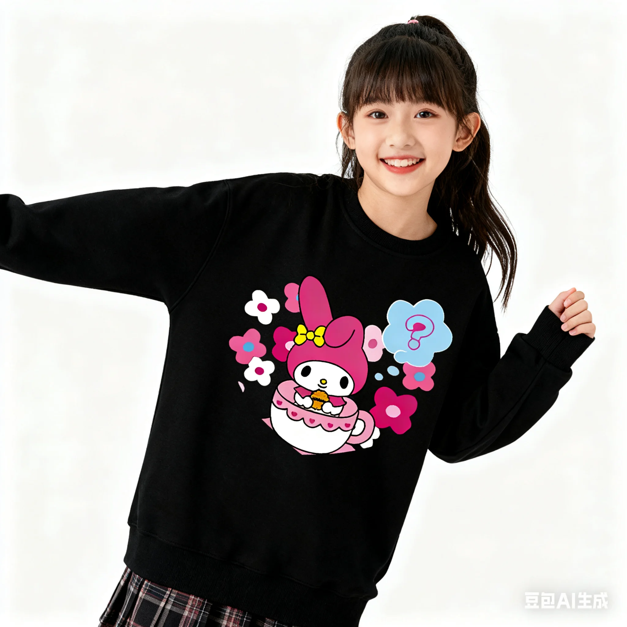 

Sanrio Series Printed Crew Neck Long-Sleeve Top, Cute and Warm Fleece-Lined Crew Neck Long-Sleeve T-Shirt, 100% Cotton