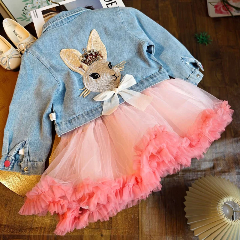 Spring Autumn Cute Cartoon Rabbit Denim Coat+Mesh Princess Dress 2Pcs For Kids Fashion Outfit 3 4 5 6 8 Years Girls Clothing Set