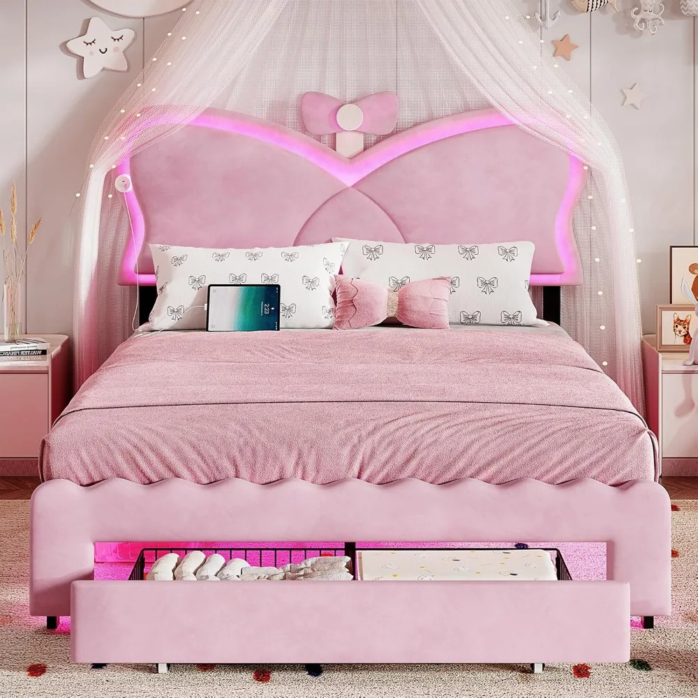 إطار سرير LED كامل الحجم مع درج تخزين ومحطة شحن، سرير منجد بربطة عنق مع لوح رأسي أنيق قابل للتعديل، مخمل #3