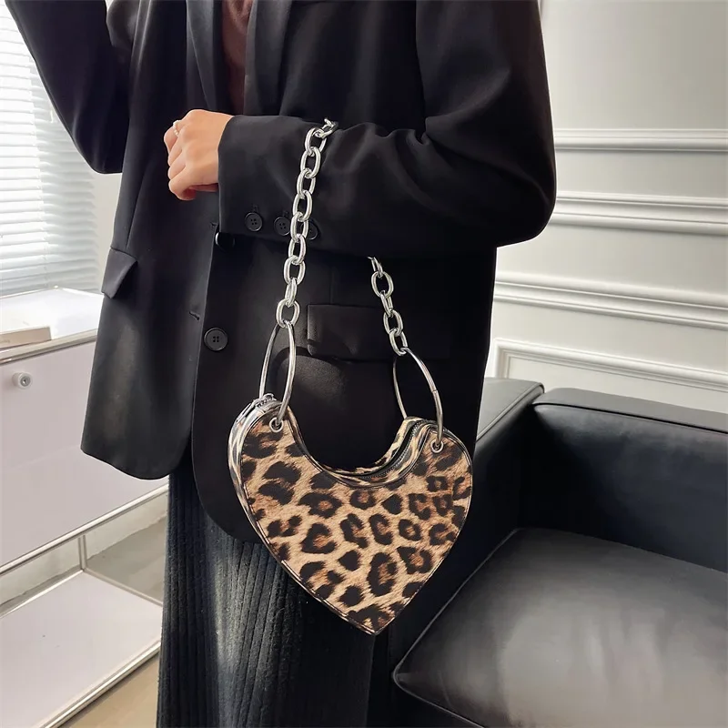 New Fashion PU Leather Solid Color Love Bag Underarm Bag Personalized Leopard Print Handbag Shoulder Bag Small Square Chain Bag