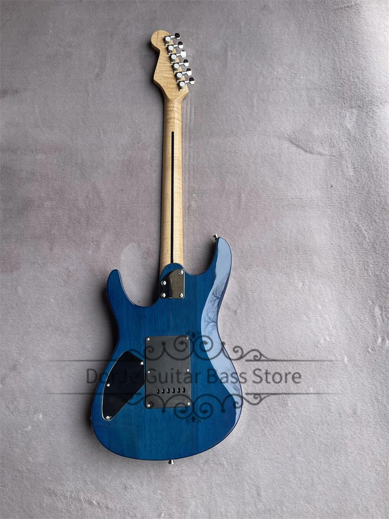 Blue Electric Guitar Mahogany Body Flamed Maple Top Flamed Maple Fingerboard Fixed Bridge Chrome Tuners Acrive Battery